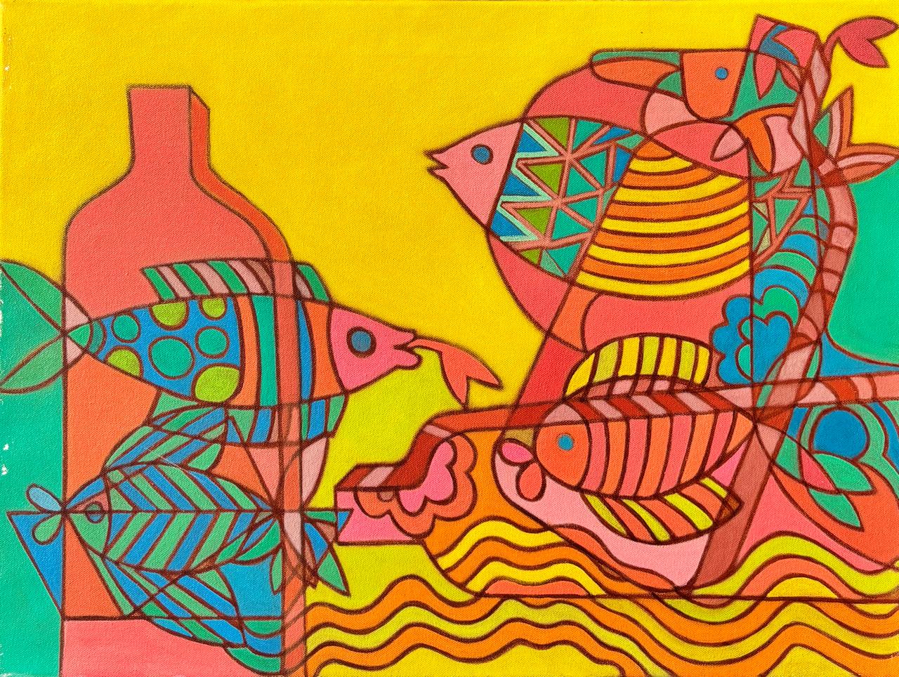 Vibrant, geometric pop art still life painting of fish and a bottle on yellow and pink waves