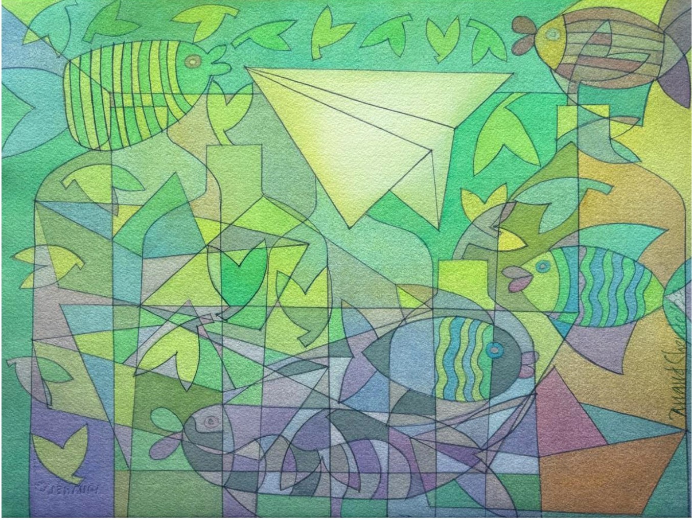 Colorful abstract drawing with geometric fish and leaves surrounding a prominent yellow paper airplane.