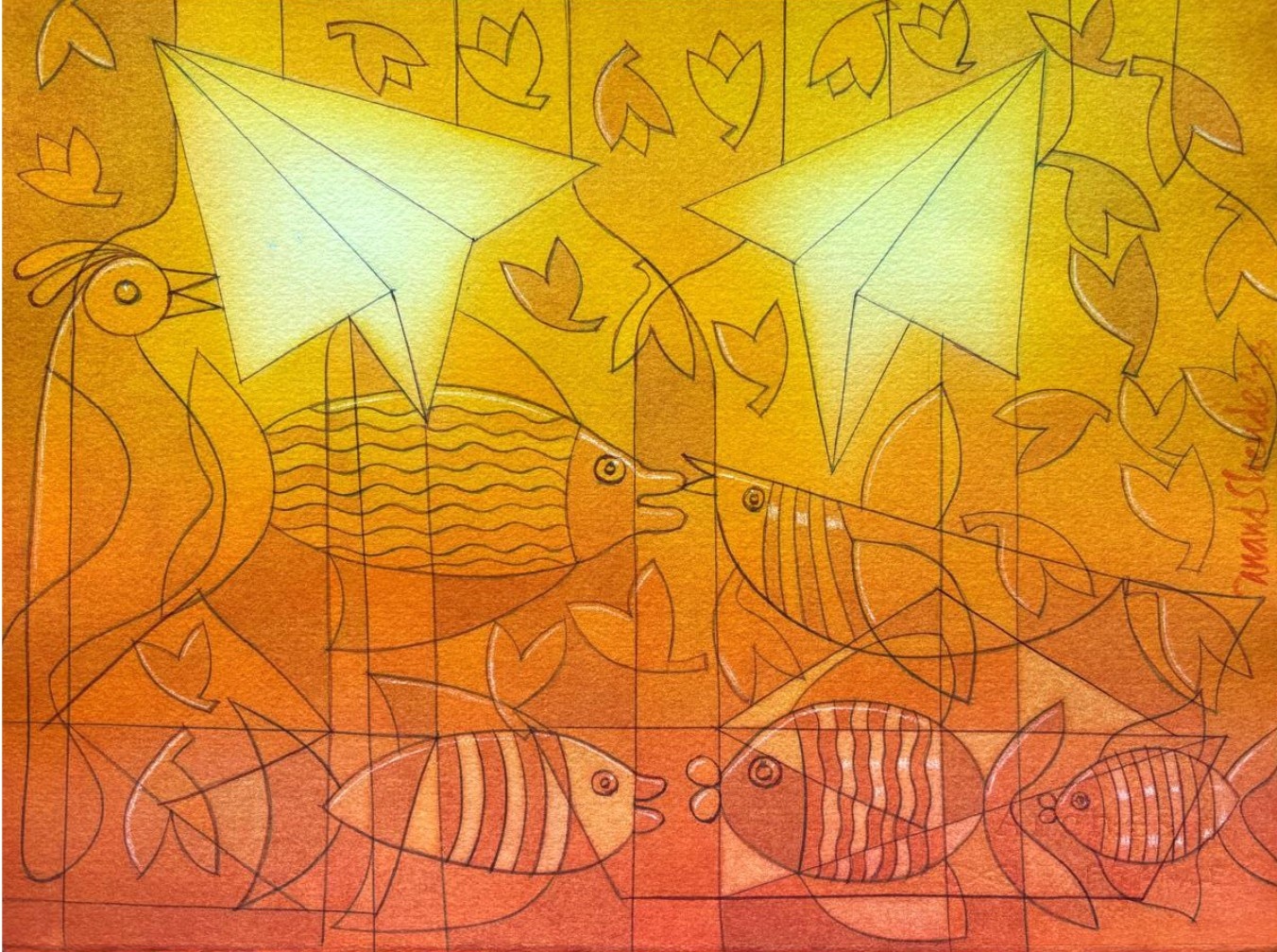 Warm-toned geometric drawing of birds and fish interacting beneath two brightly lit paper airplanes.