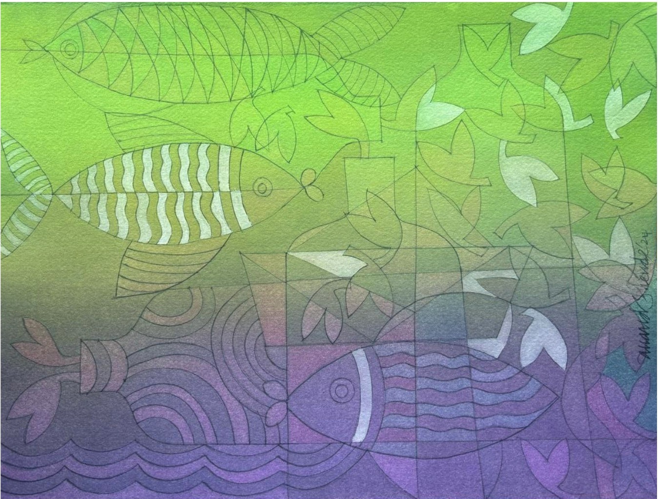tylized drawing of fish swimming in green and purple water with geometric patterns and flowing leaves.