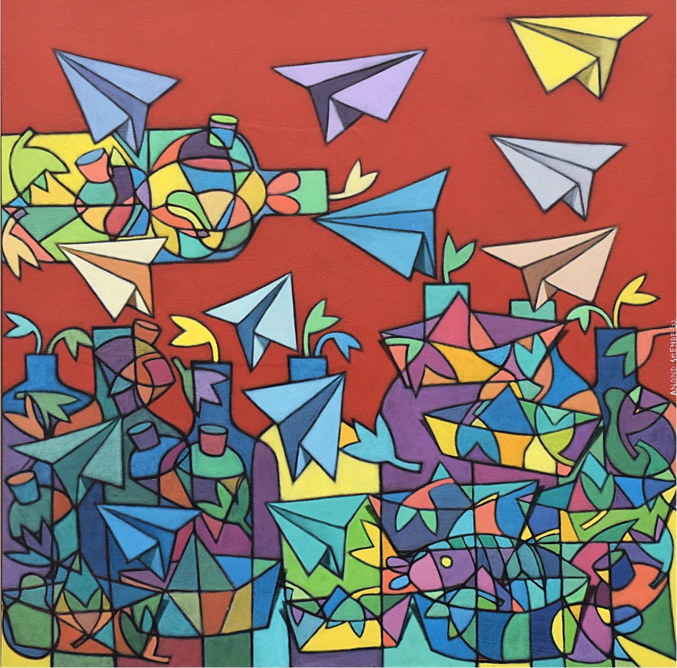 Geometric abstract painting of colorful bottles, fish, and paper airplanes on a solid red background.