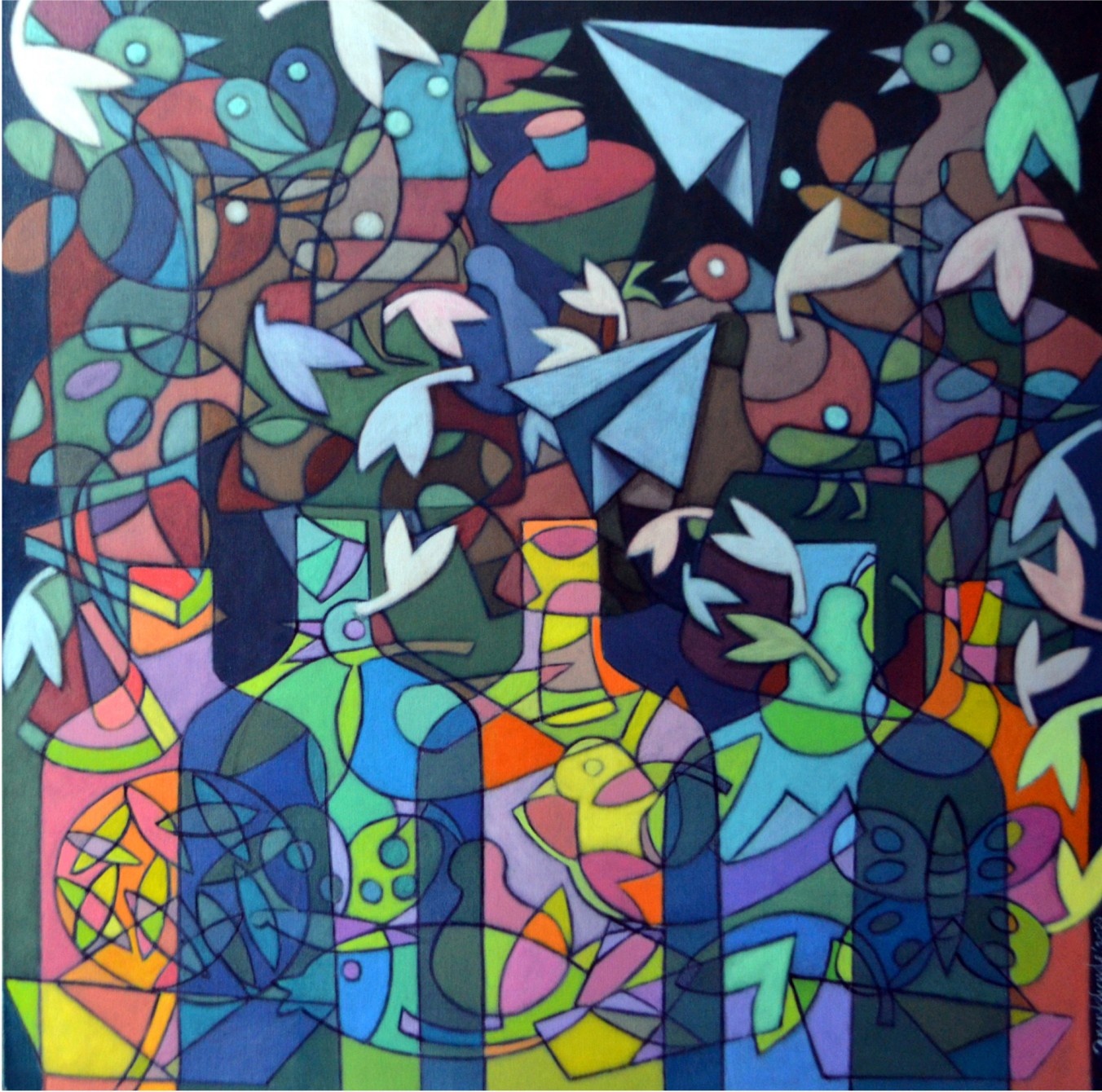 Cubist-style abstract painting in bright colors depicting bottles, paper planes, and organic shapes.