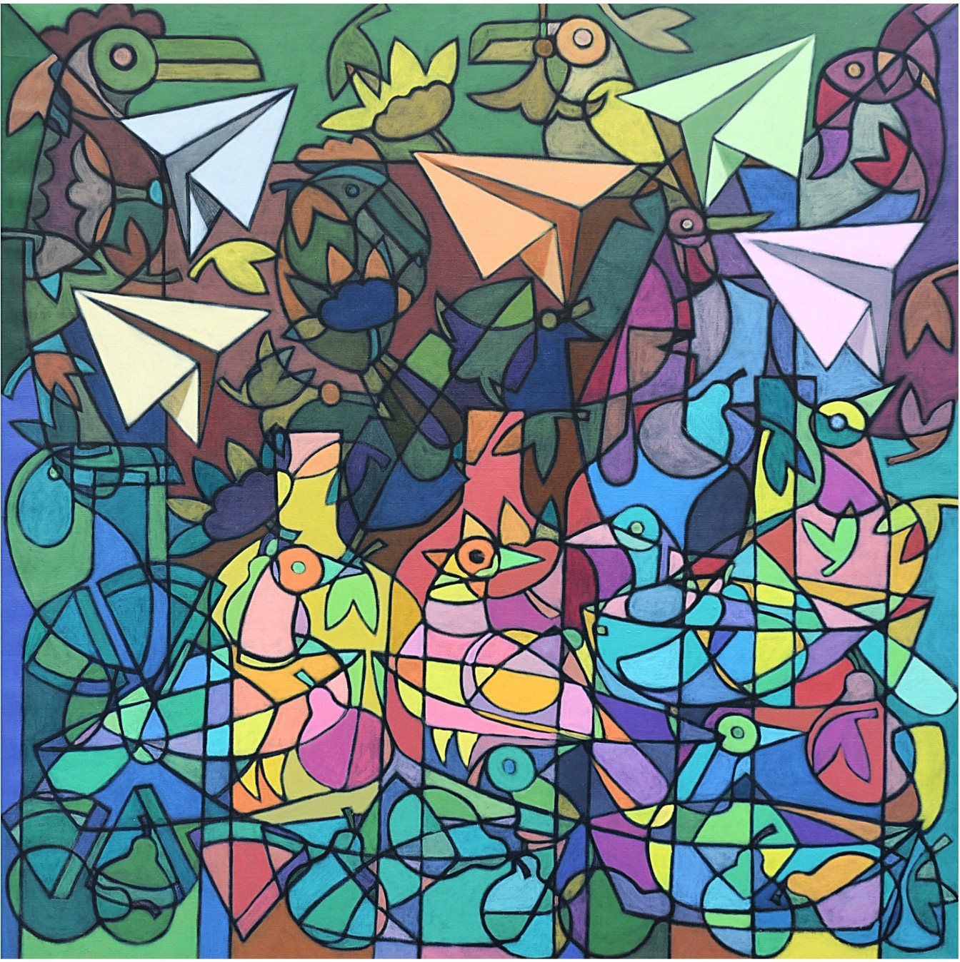 Vibrant cubist painting of overlapping birds, organic shapes, and paper airplanes in dark colors.