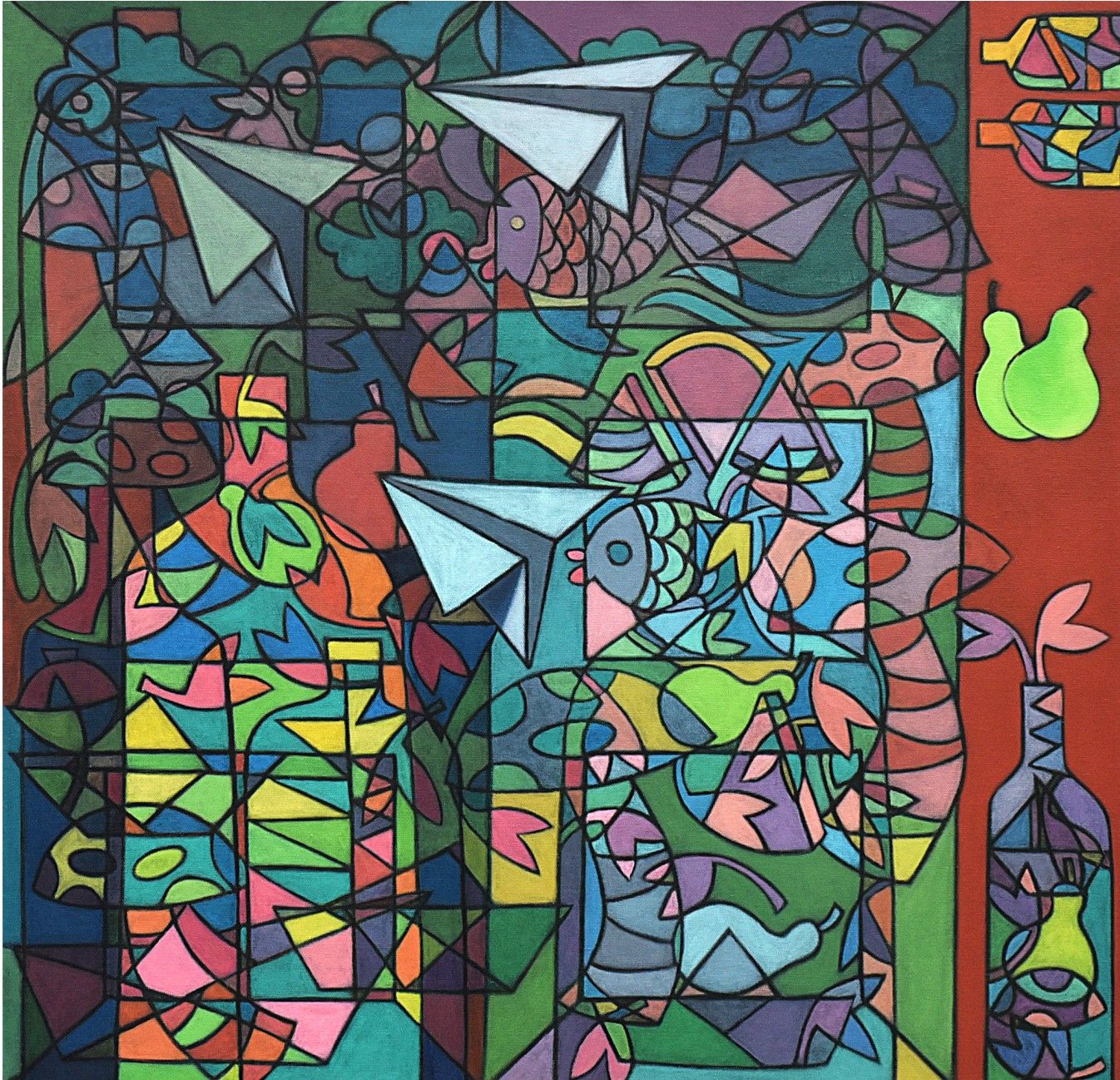Cubist abstract painting of fish, bottles, and paper airplanes using vibrant, heavily outlined geometric shapes.