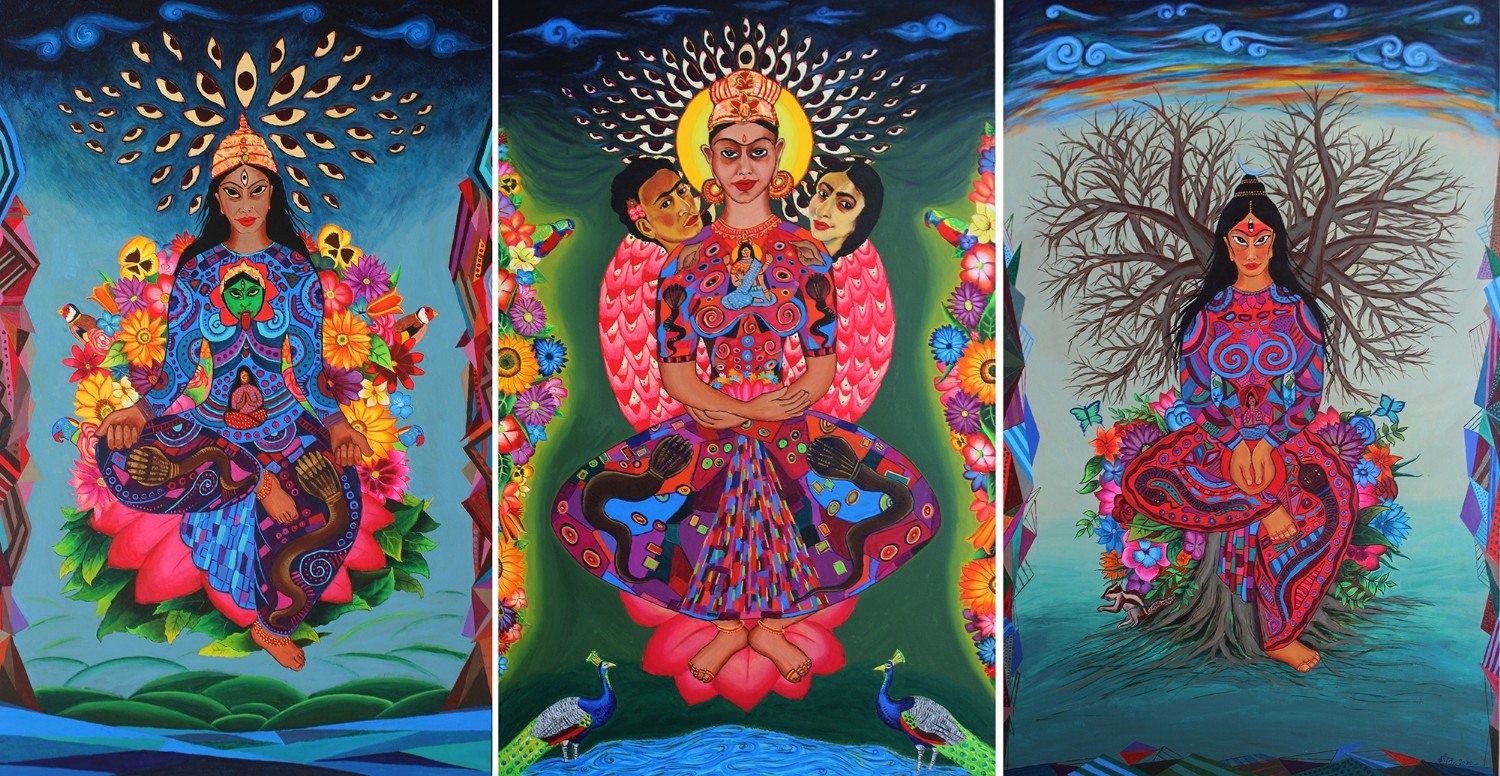 Three vibrant paintings showing a goddess figure in various spiritual and nature settings.
