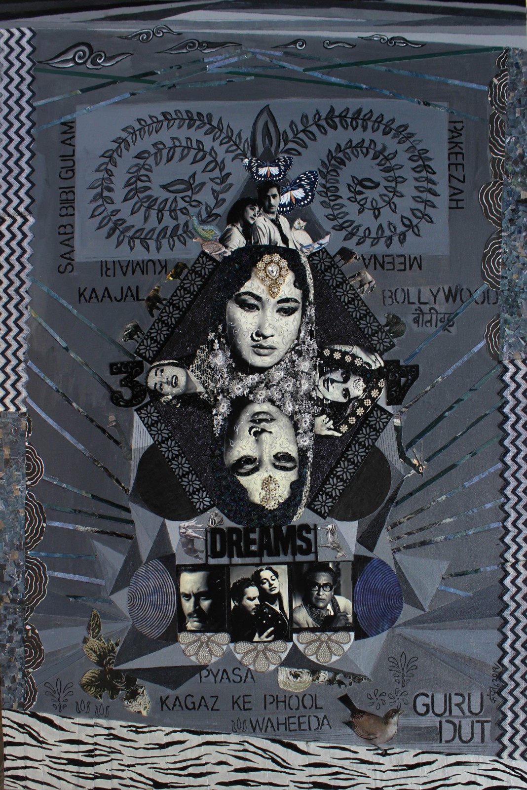 Collage artwork featuring images of Bollywood actress Meena Kumari and Hindi text on a gray background.
