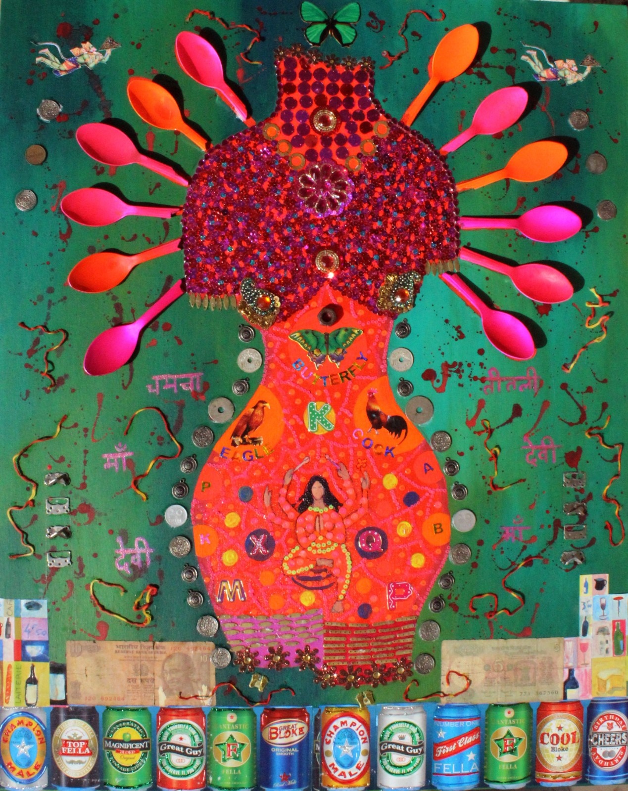 Assemblage artwork featuring a pink glitter vase with plastic spoons, coins, and beer cans on a green background.