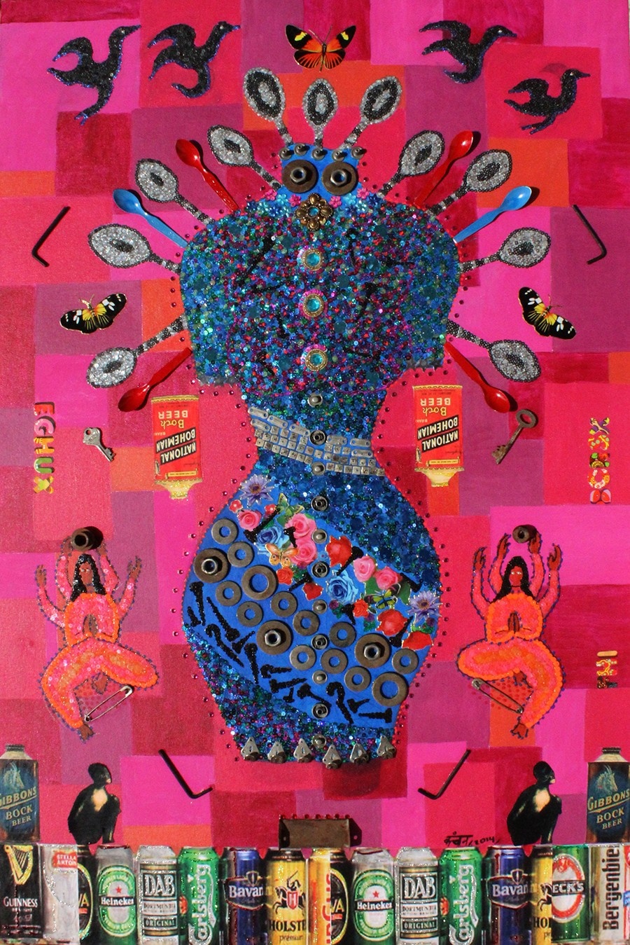 Assemblage artwork featuring a vase shape covered in blue glitter, spoons, beer cans, and small figures on a pink background.