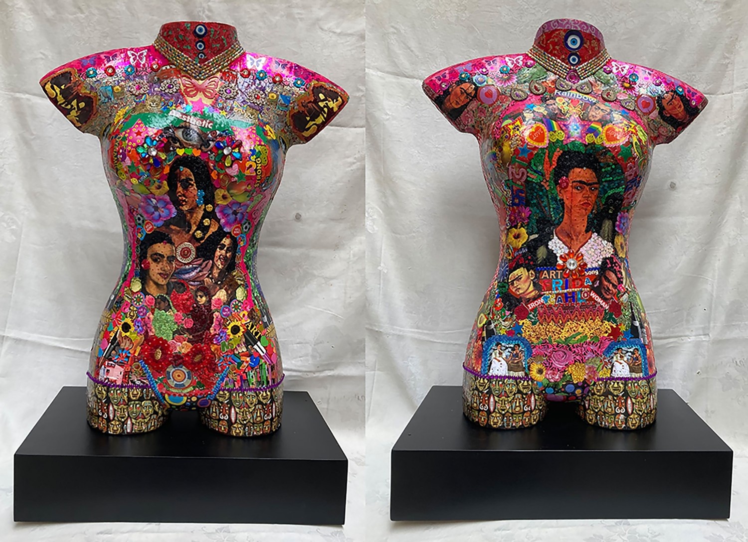 Two views of a colorful mixed media torso sculpture featuring collages of Frida Kahlo and Indian women.