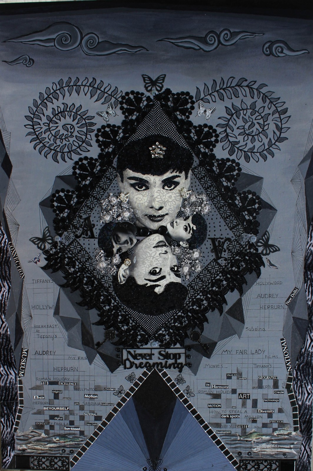 Mixed media collage featuring Audrey Hepburn's face surrounded by black lace and motivational text.