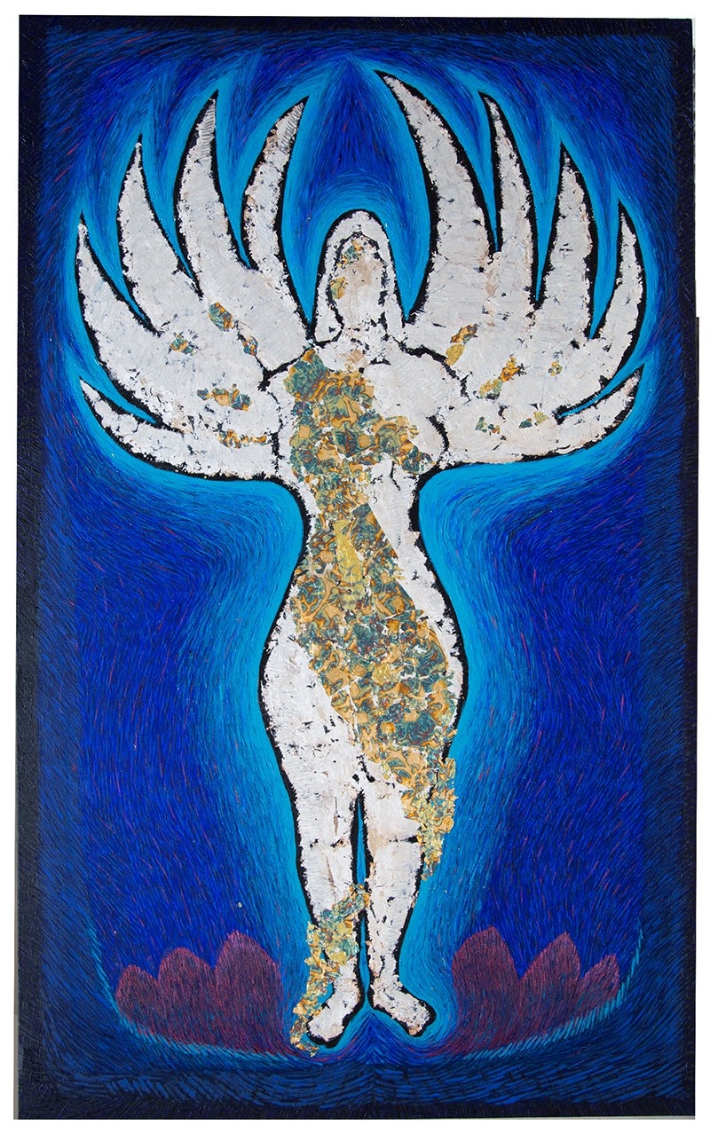 Stylized painting of a white winged human figure with gold leaf texture against a vibrant blue background