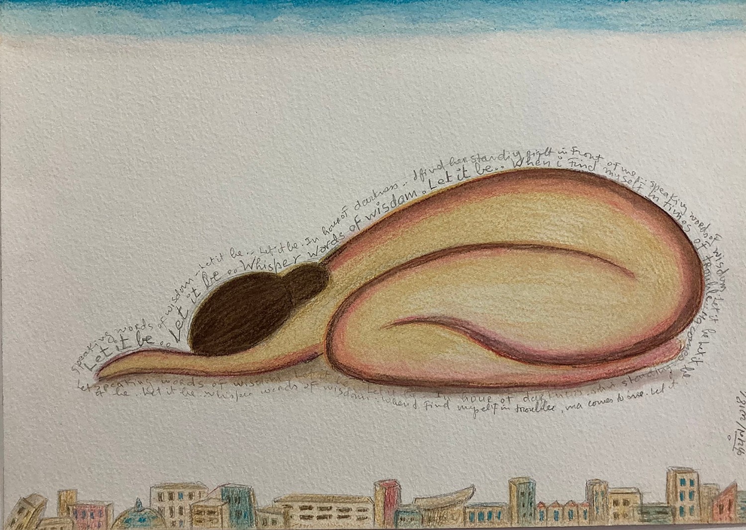 Drawing of a curled-up nude figure composed of words, floating above a small cityscape.