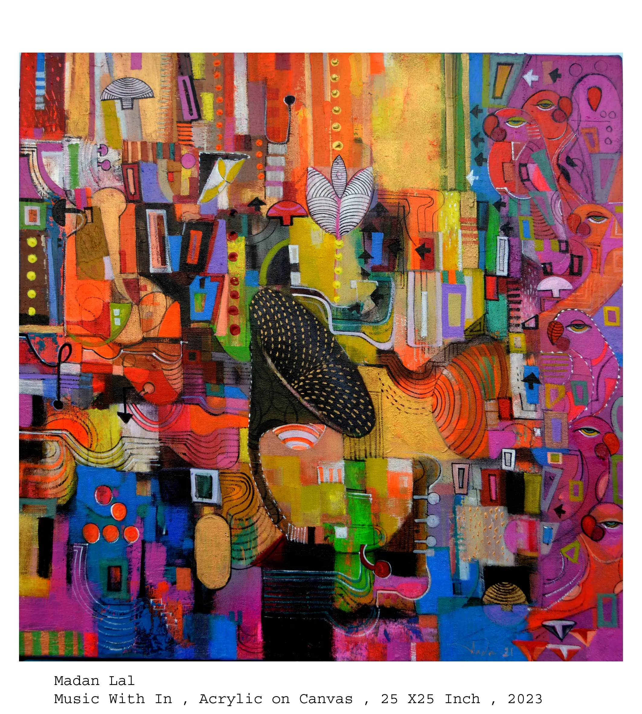 Abstract acrylic painting, "Music With In," featuring vibrant geometric shapes and outlined figures in warm colours.