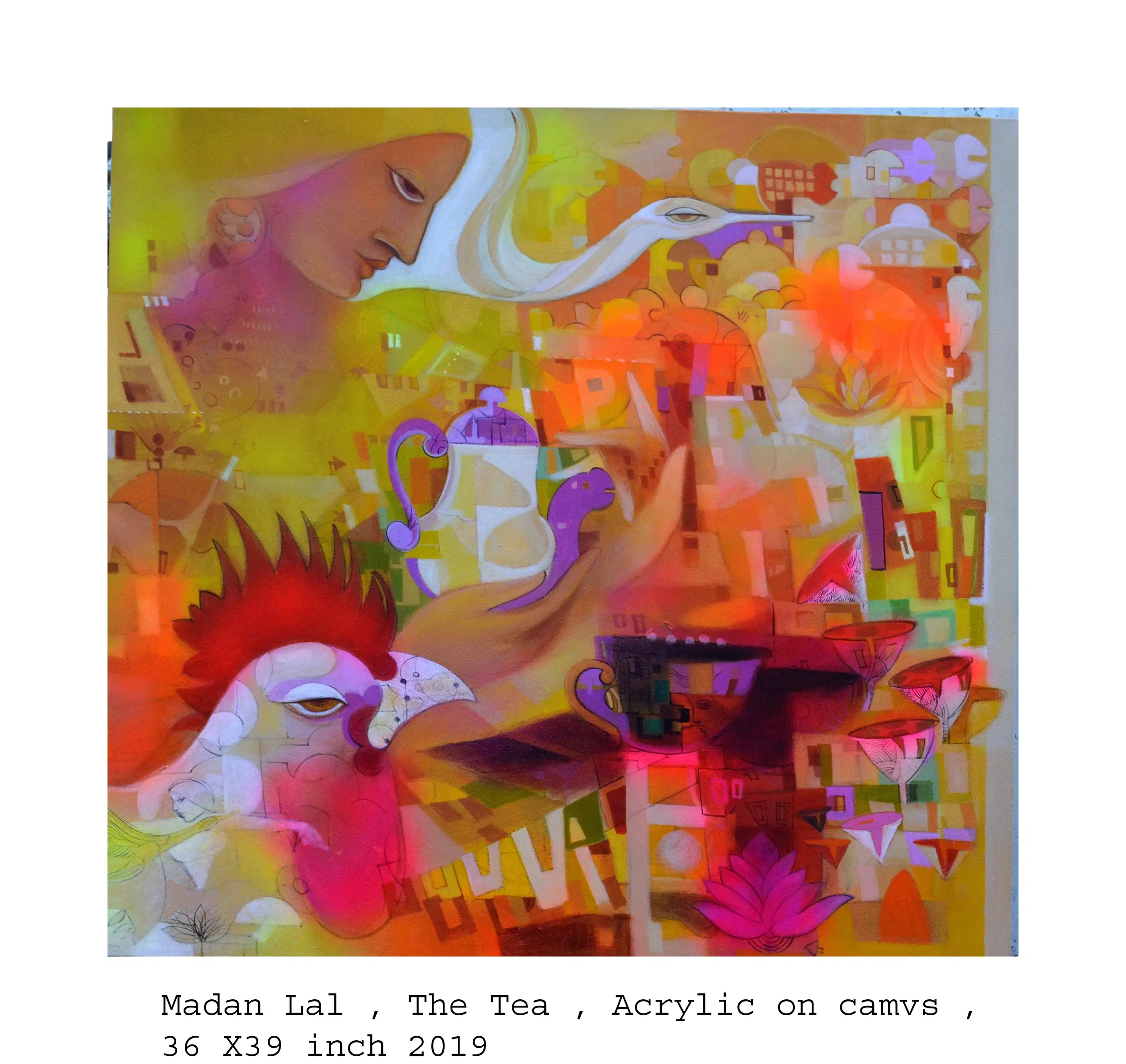 Abstract acrylic painting, "The Tea," featuring a rooster, tea set, and female profile in warm yellow and orange colours.