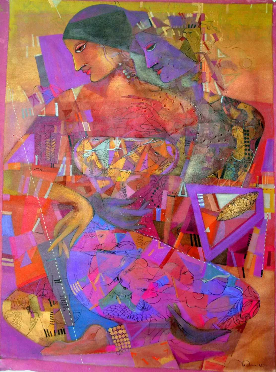 Colourful abstract painting featuring overlapping human figures, geometric shapes, and warm purple and orange tones.