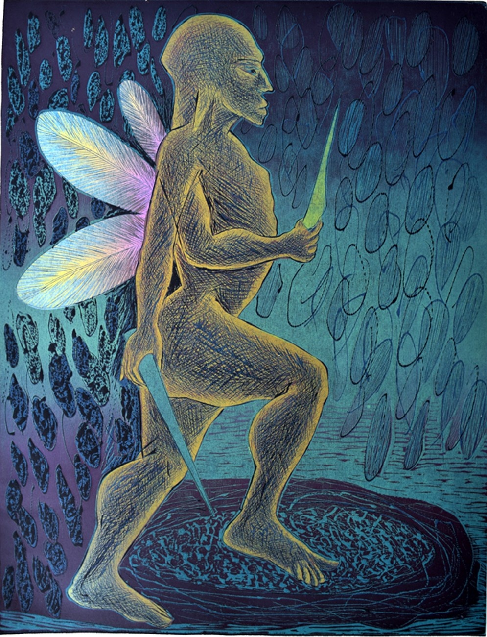 Figurative print of a muscular, winged human carrying sharp objects in a turbulent, blue-toned atmosphere.