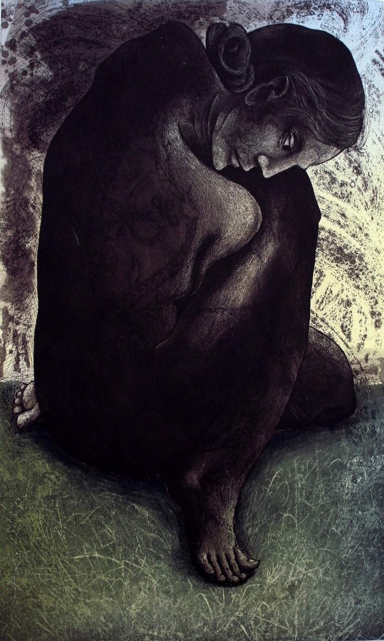 Dark, expressive etching print of a nude figure sitting curled up, knees held close to the chest