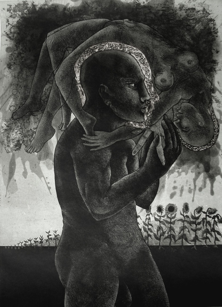 Black and white etching print showing a dark figure carrying a luminous, curled figure above sunflowers.