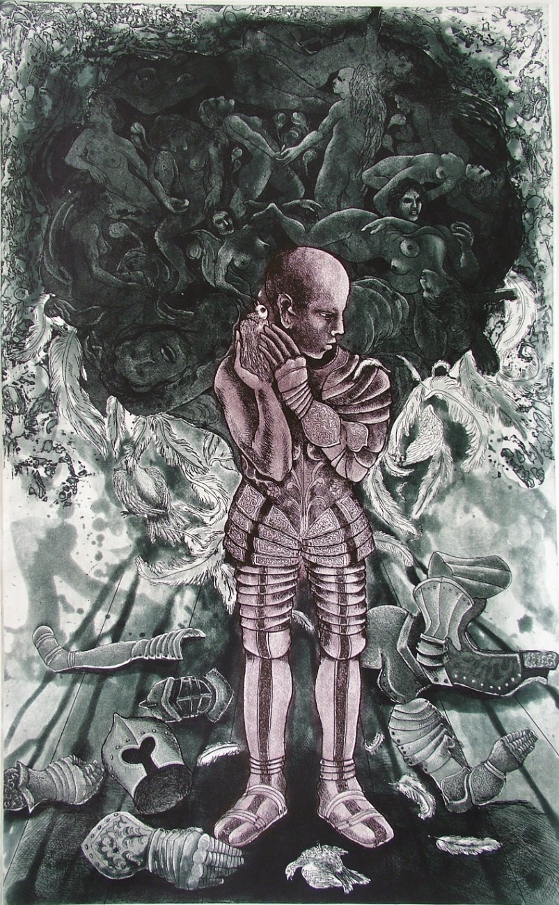 Dark etching print of an armored figure standing over fallen armor pieces beneath a swirling cloud of figures.