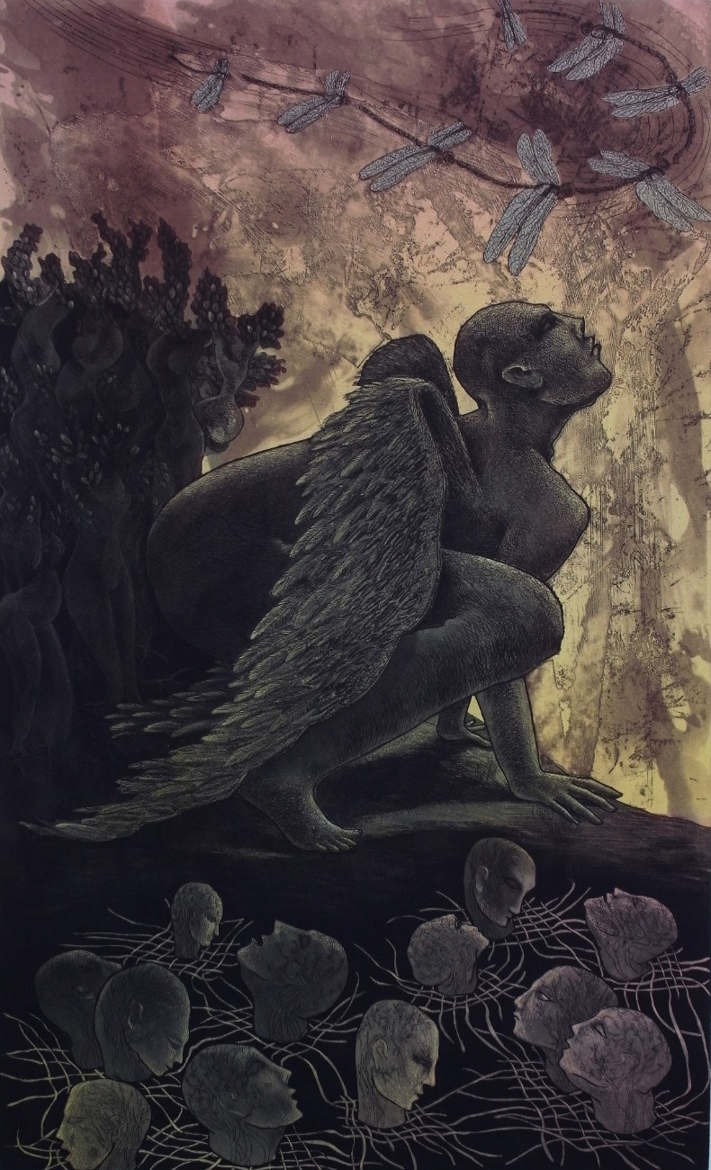 Dark etching print of a crouching winged figure looking up toward dragonflies with many heads below.