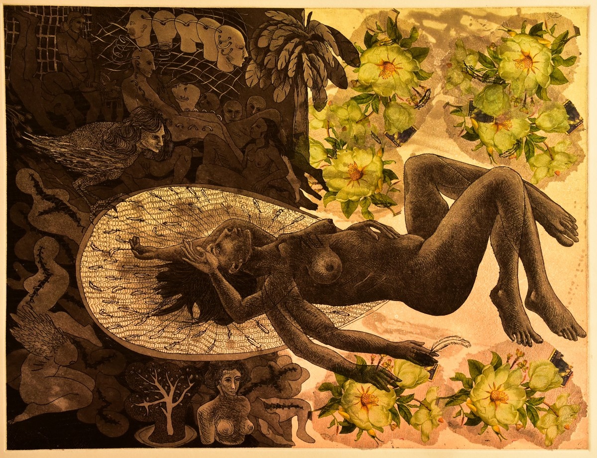 Surreal print of a nude figure lying in a glowing woven basket surrounded by dark figures and bright yellow flowers.