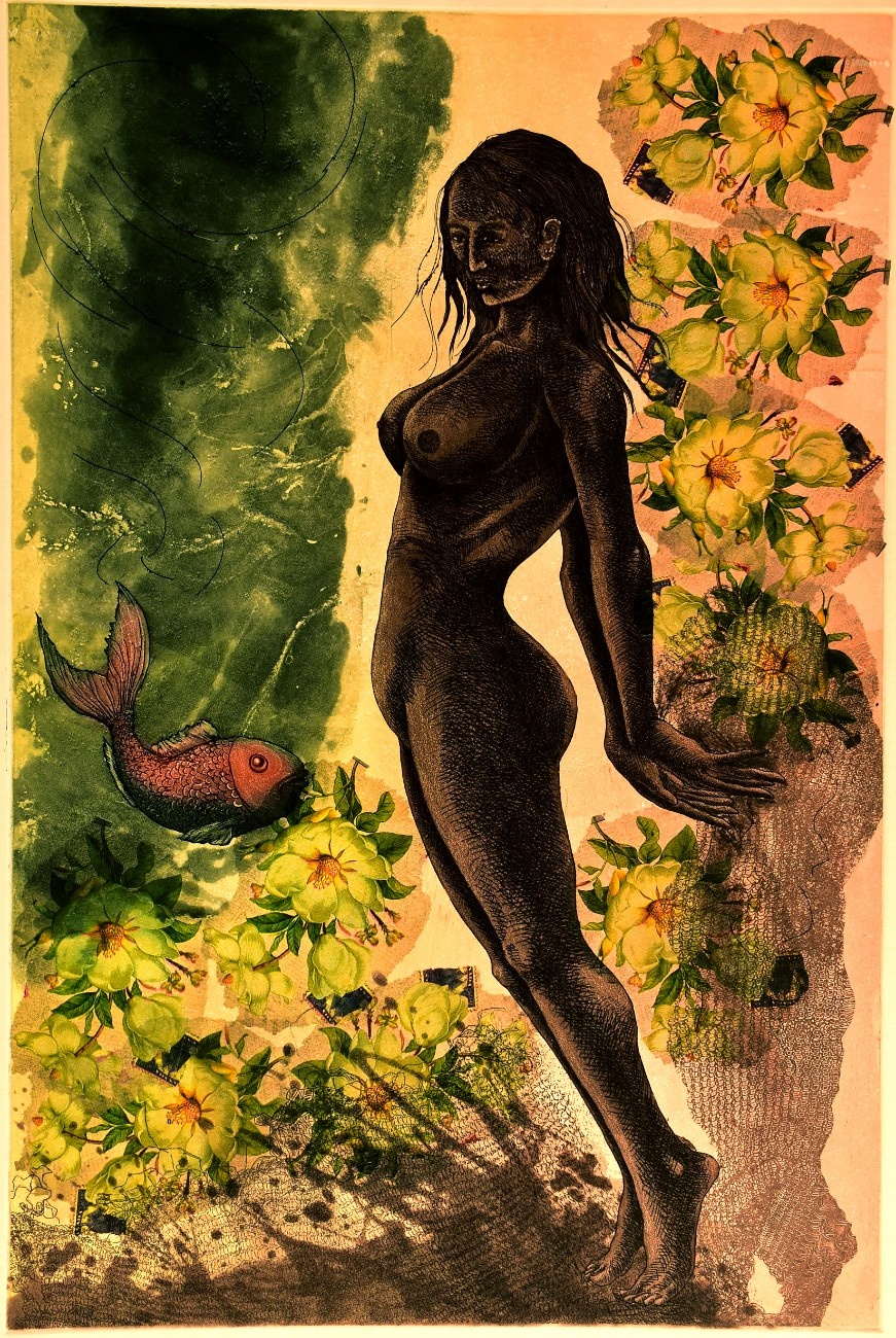 Surreal print of a dark nude female figure standing near large yellow flowers and a floating red fish.