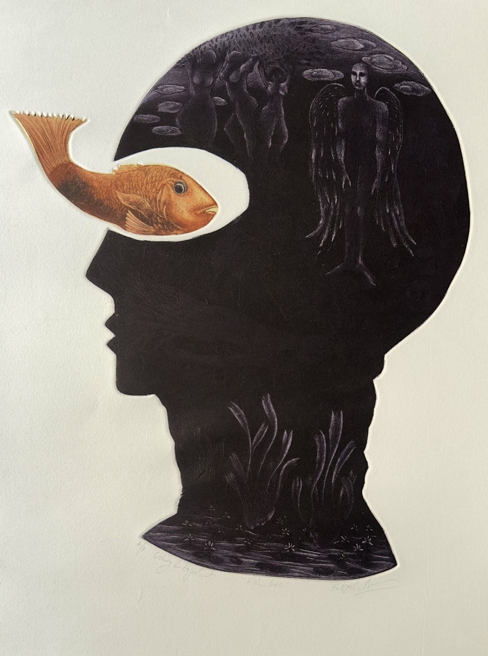 Silhouette of a human head containing dark figures and a winged angel, with a fish passing through the temple.