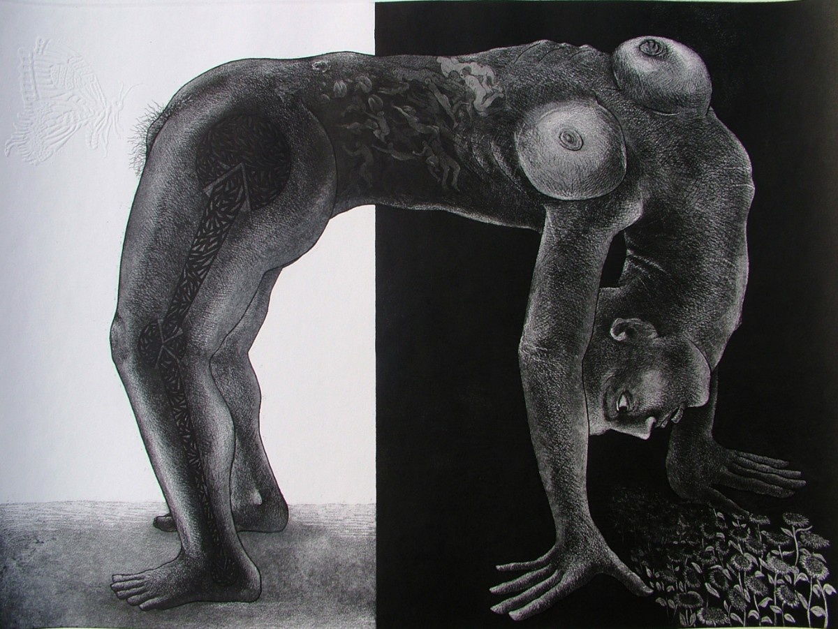 Black and white figurative etching of a body performing a bridge pose over sunflowers against a split background.