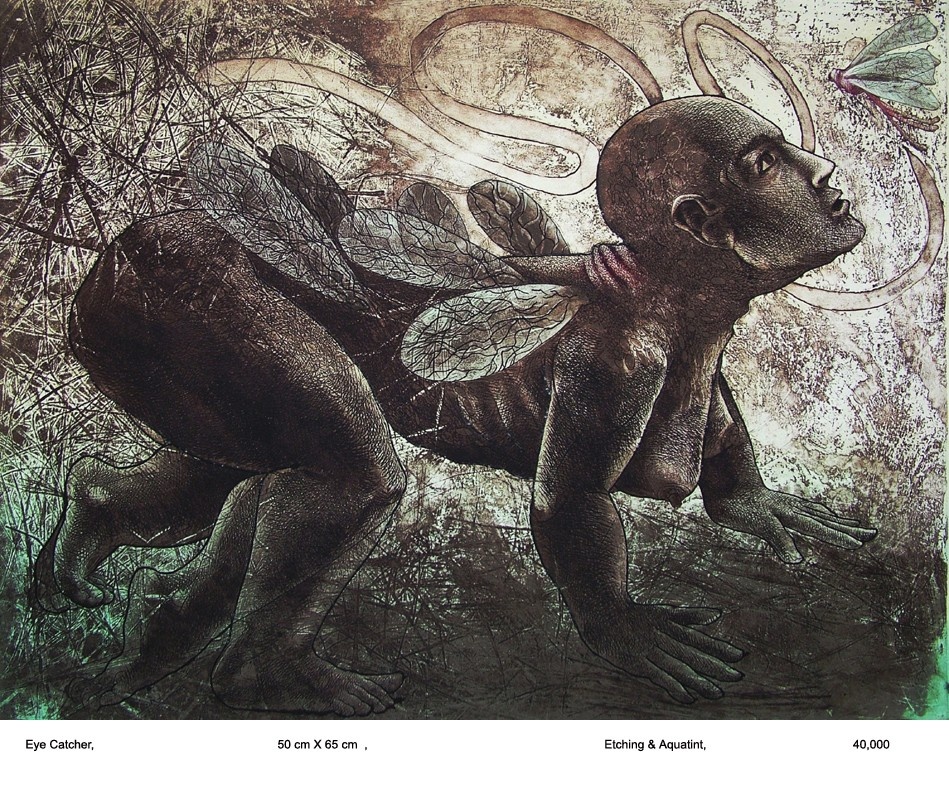 Dark etching and aquatint print of a crawling human figure with insect wings straining upwards.