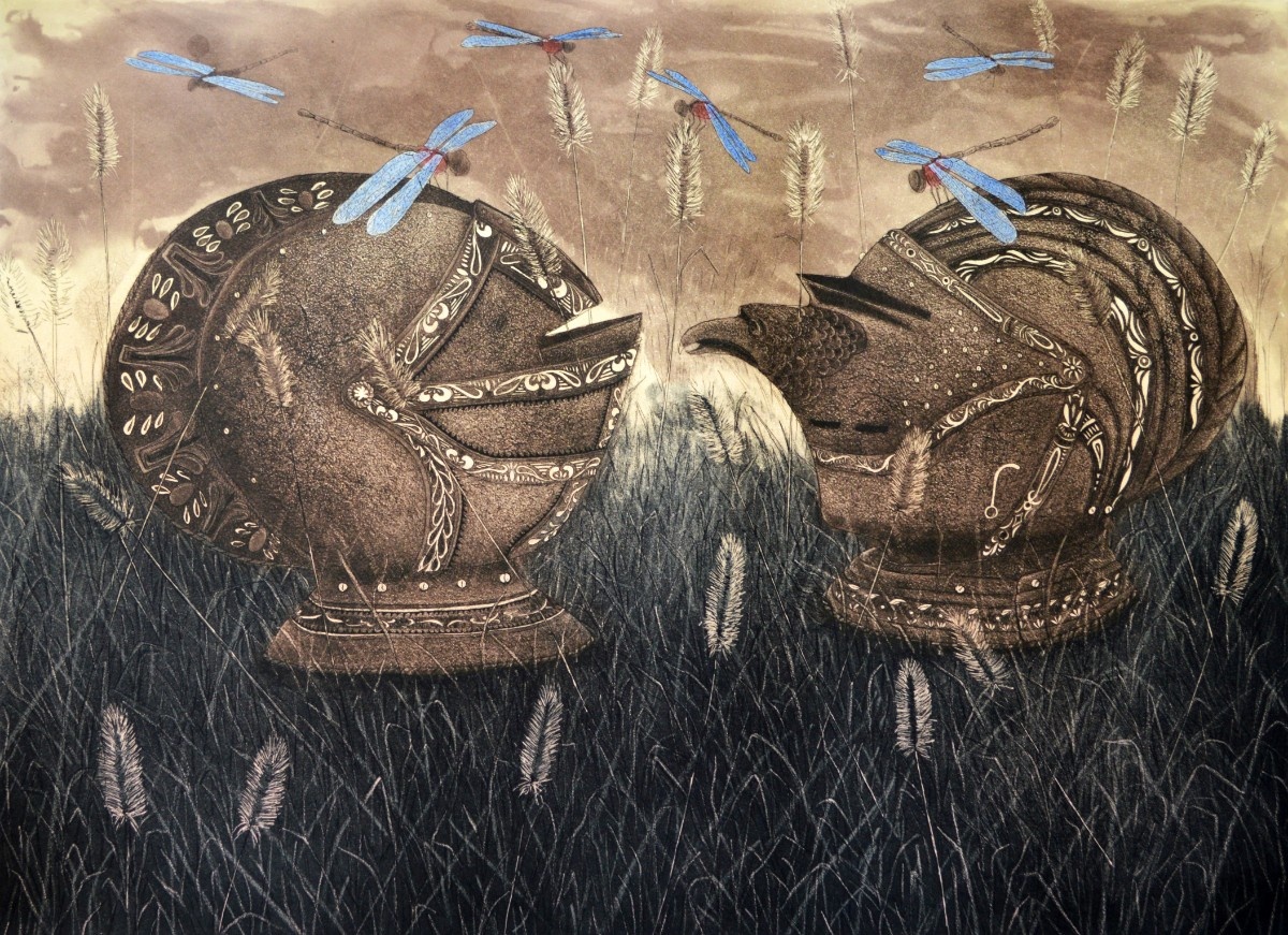 Etching print showing two ornate medieval helmets facing each other in a field of grass under flying dragonflies.