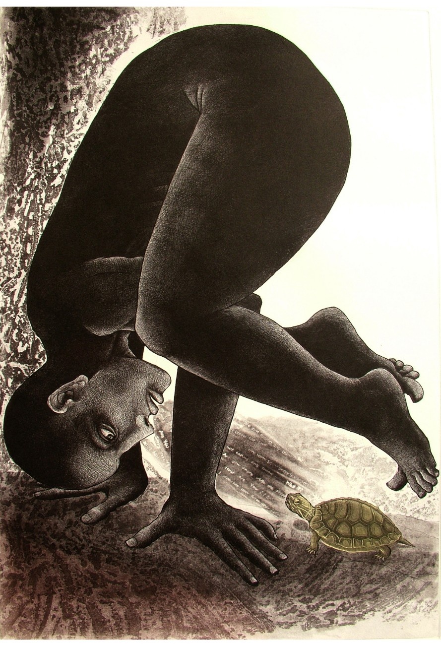 Detailed etching print showing a dark figure in a yoga pose looking down at a small tortoise.
