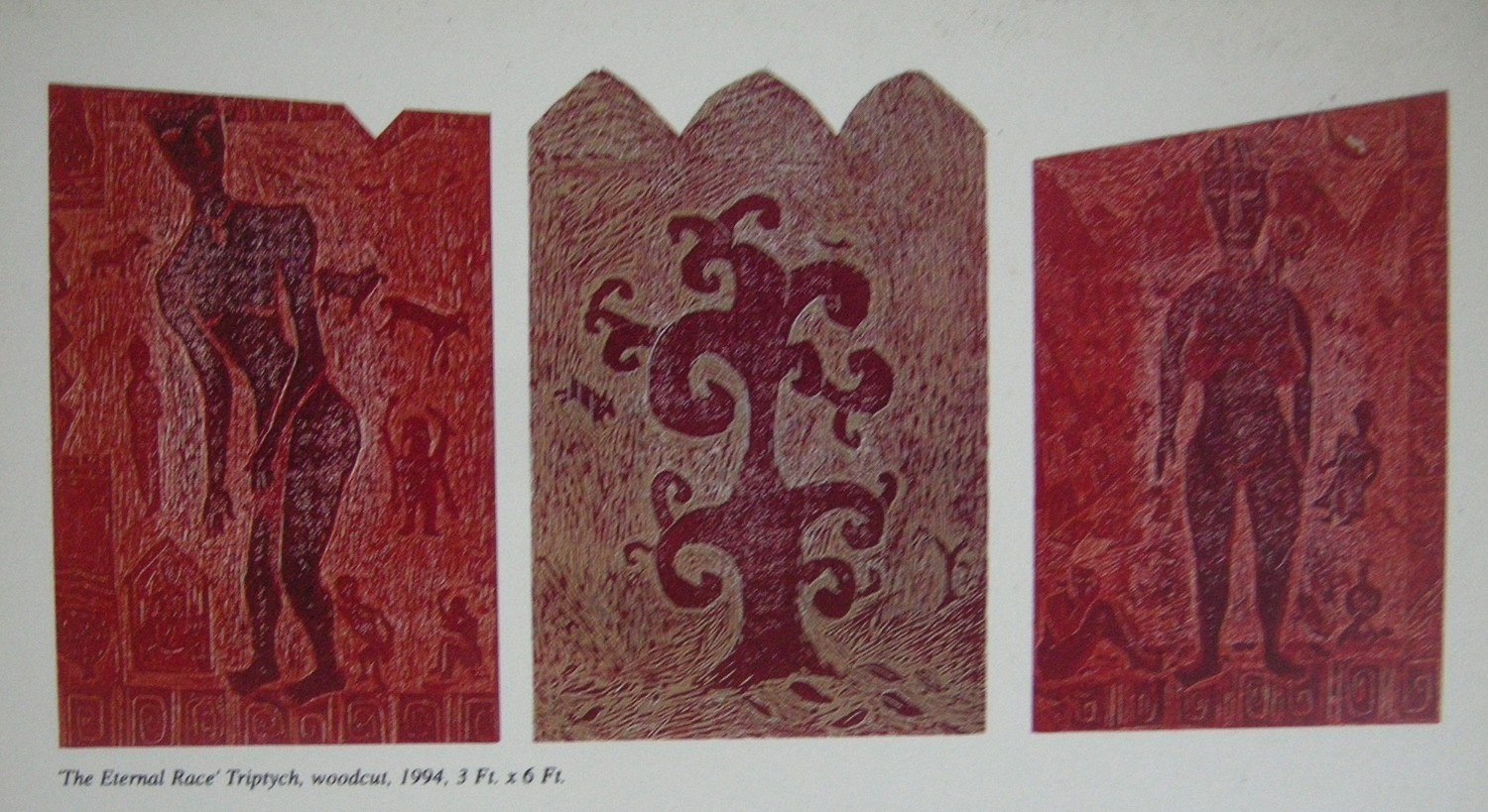 Red woodcut triptych showing two human figures and a central abstract, swirling tree motif.