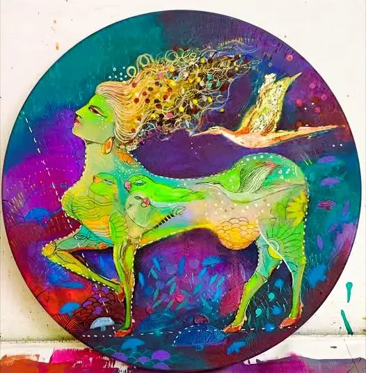 Round, vibrant painting of a green, female centaur-like figure with flowing yellow hair and a flying bird.