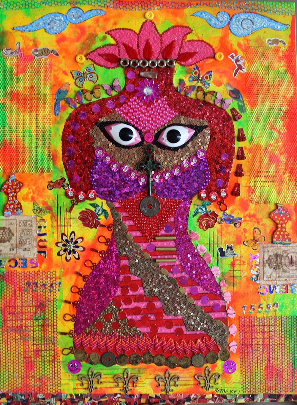 Mixed media artwork of a stylized figure covered in pink, red, and gold sequins and beads