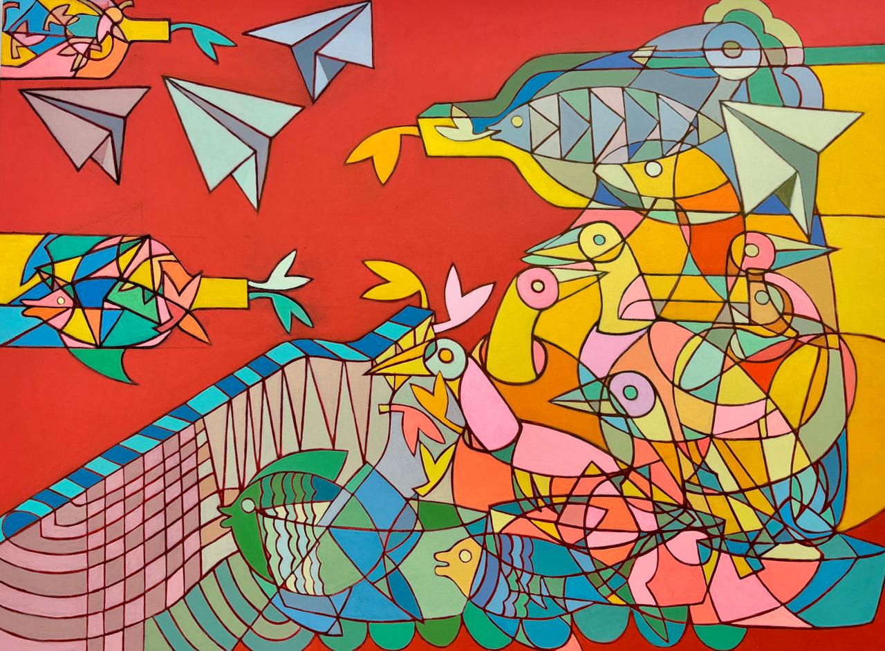 Abstract painting featuring paper airplanes, colorful fish, and birds in geometric shapes on a red background.