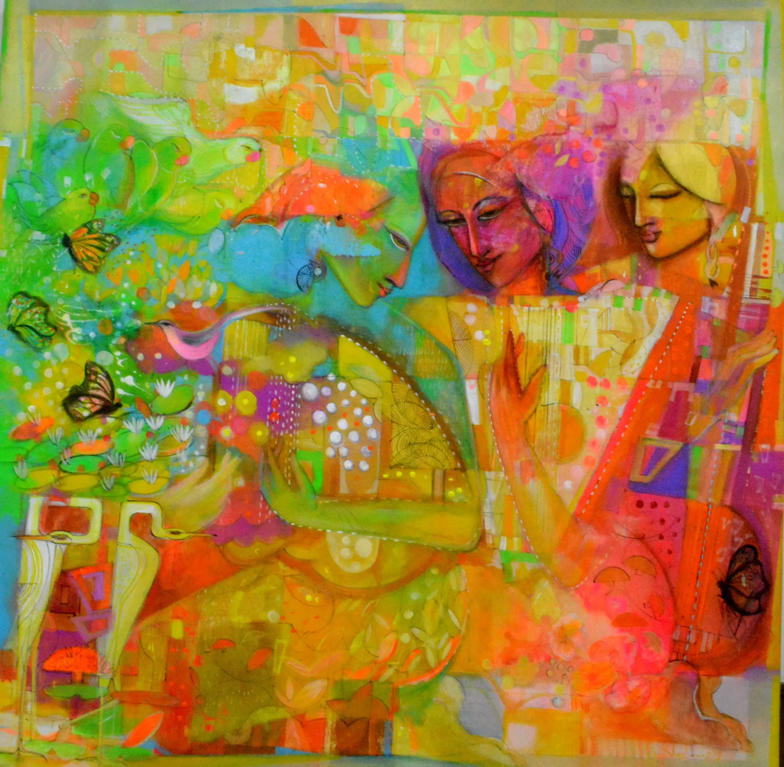 Highly colorful abstract painting showing three women intertwined with musical instruments and nature elements.