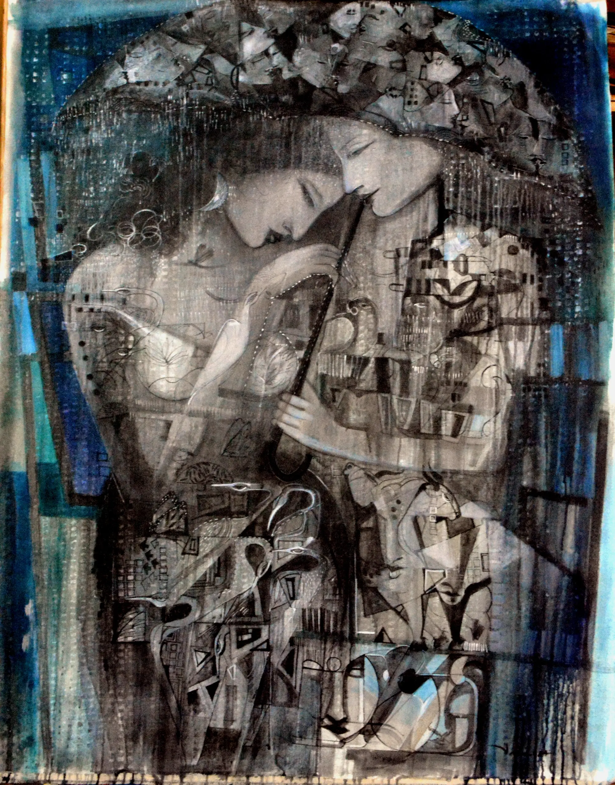 Dark, expressive painting of two entwined figures holding a pipe, layered with abstract designs.