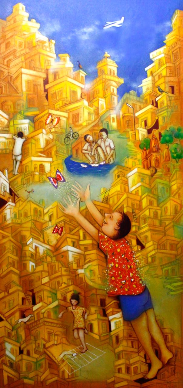 Colourful painting showing a child reaching for butterflies over golden, stacked city buildings.