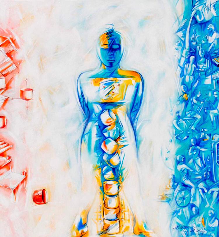 Abstract painting of a blue, translucent human figure with chakras, surrounded by chaos and order.