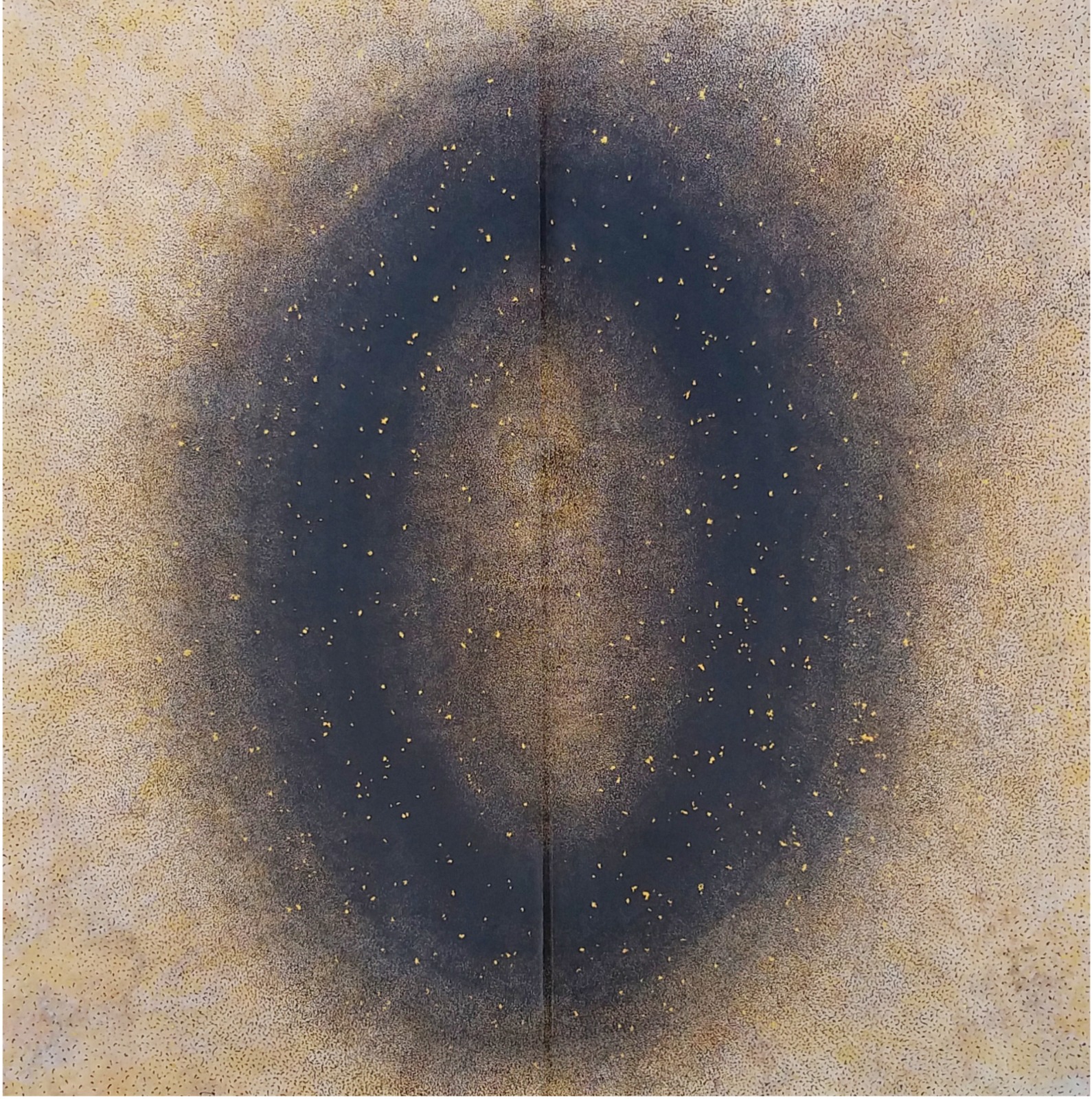 Abstract diptych with a dark circular field containing yellow speckles on a pale blue background.