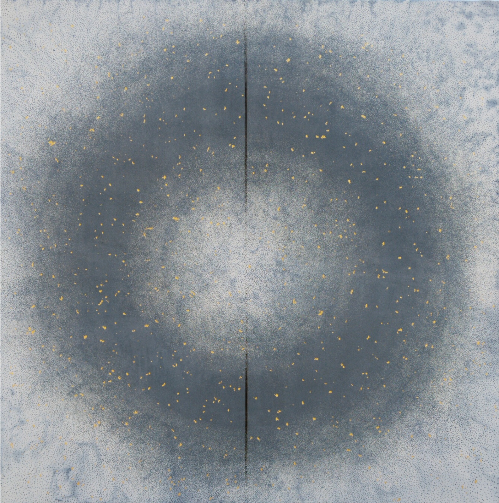 Minimalist abstract painting featuring a speckled, dark gray ring on a lighter background with a vertical division.
