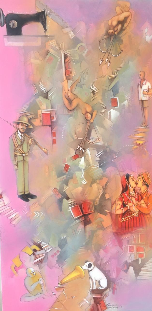 Vertical abstract painting featuring diverse elements: sewing machine, soldier, lovers, and a dog.