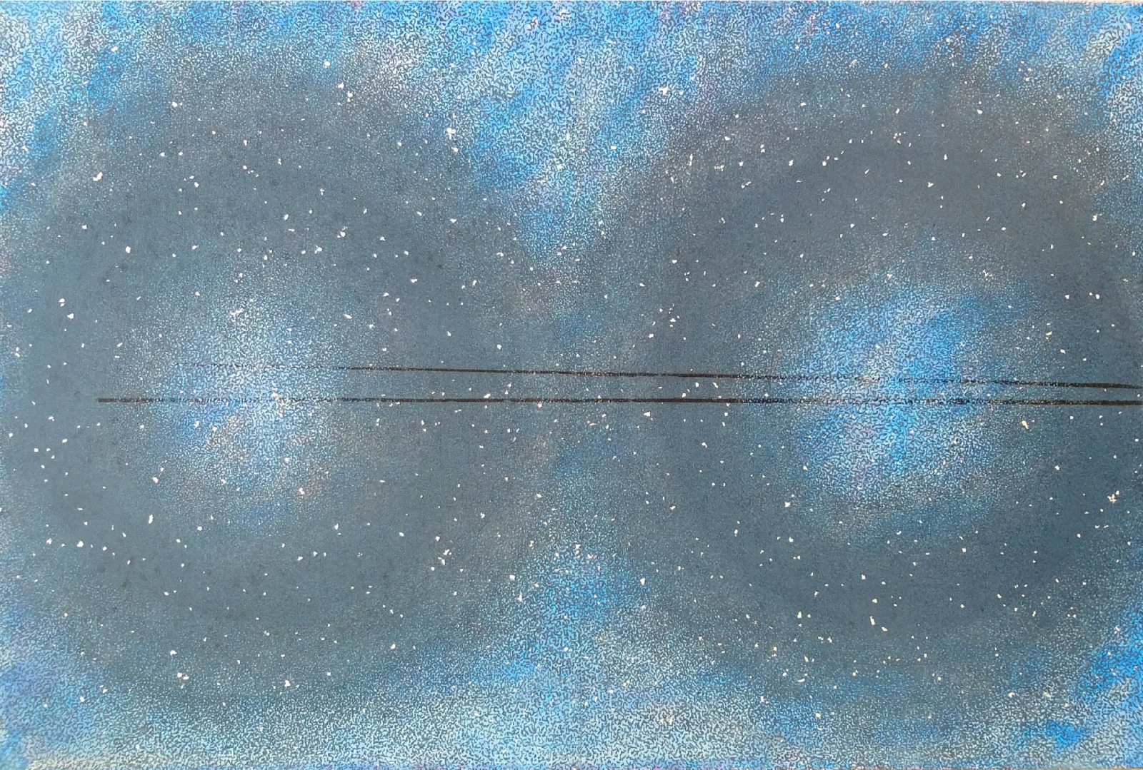 Abstract painting of a night sky with white speckles and a thin black line across the center.