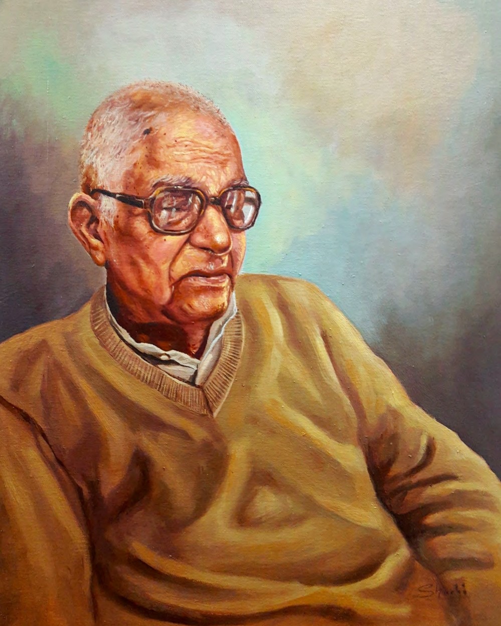 Detailed oil painting portrait of an elderly man wearing glasses and a brown V-neck sweater.