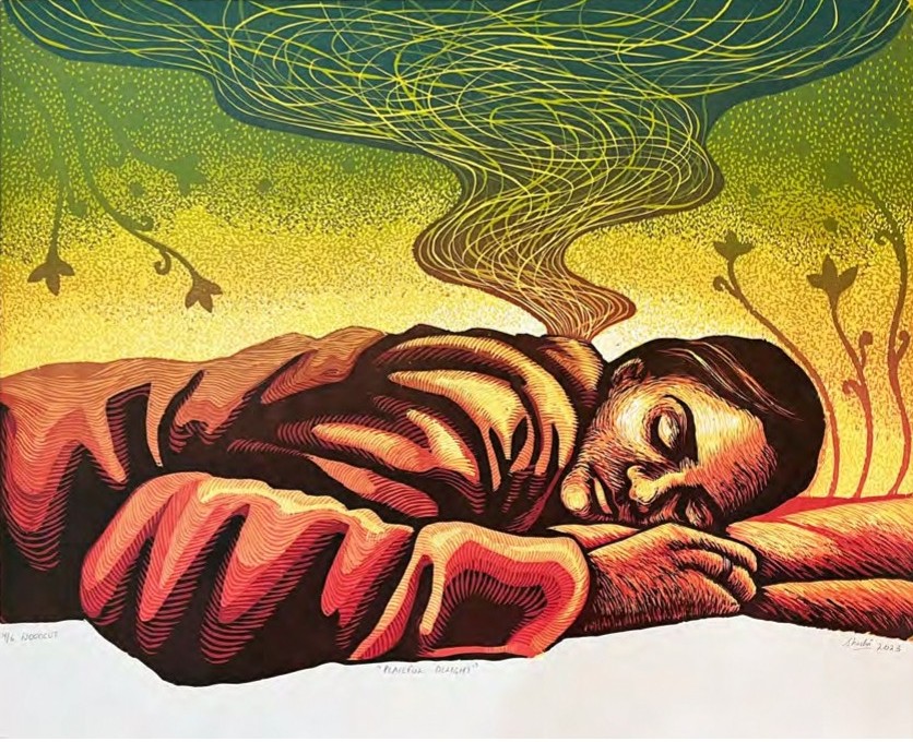 Woodcut print showing a person sleeping peacefully with wispy dream lines rising toward a green sky.