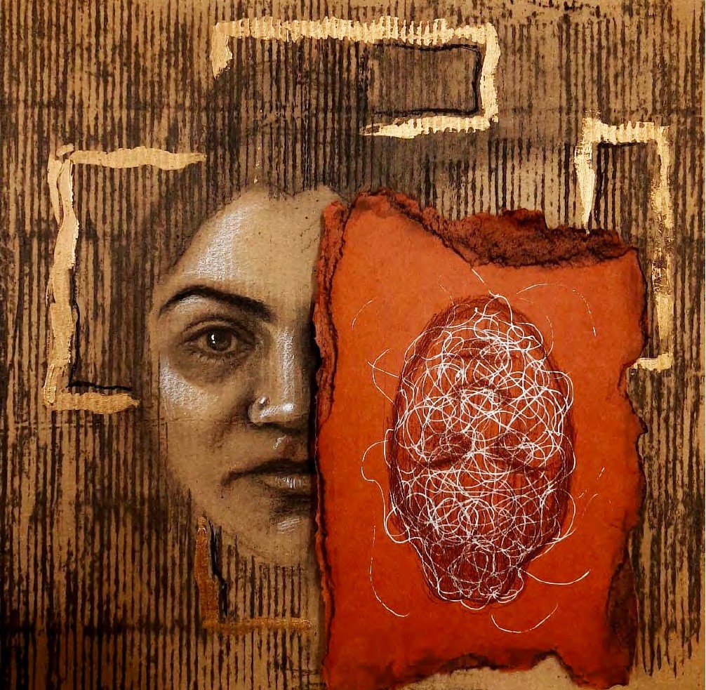 Mixed media artwork of a woman's face next to an orange paper with white scribbled lines.