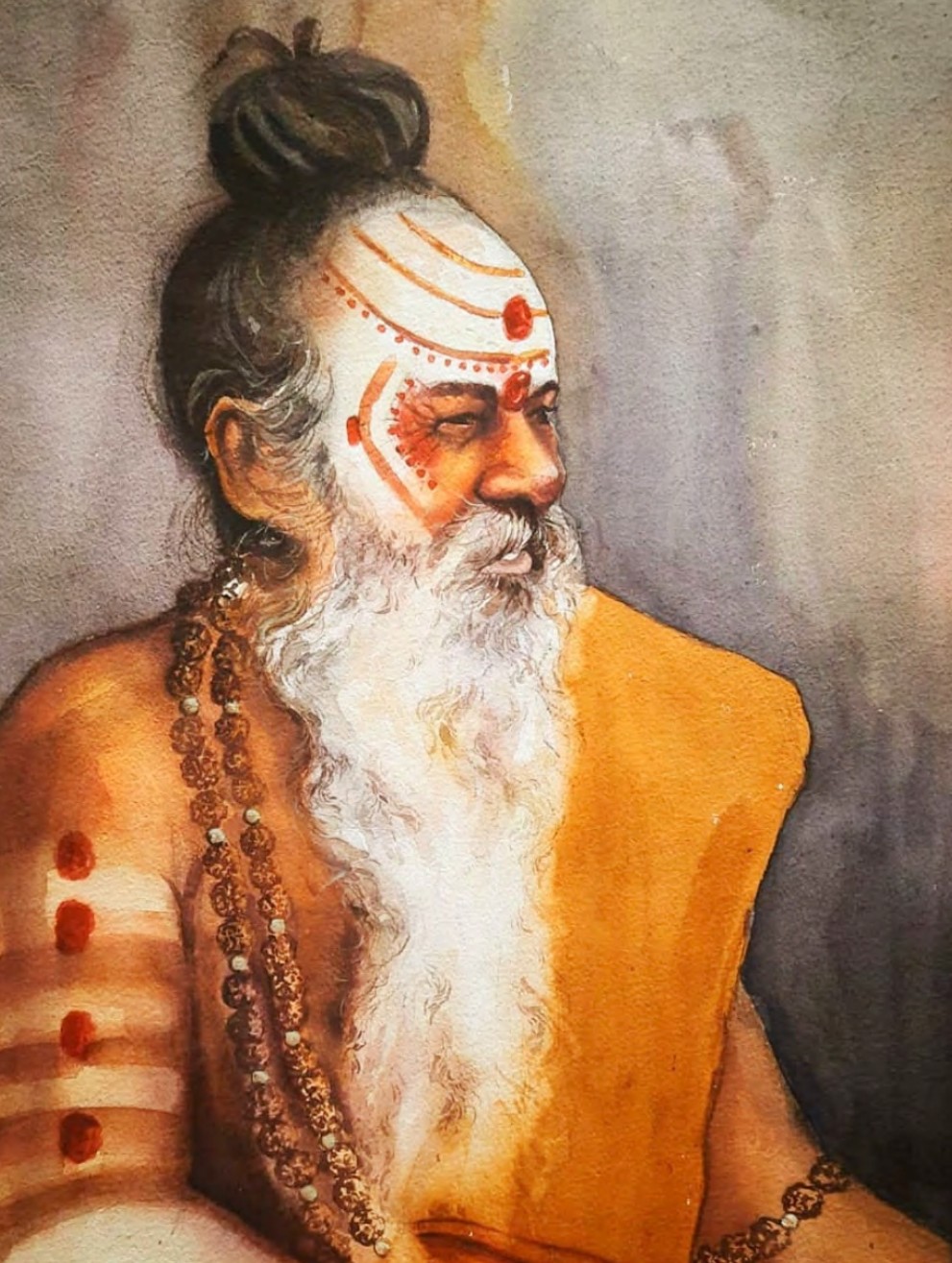 Detailed watercolor portrait of an Indian sadhu with a long white beard and sacred markings.
