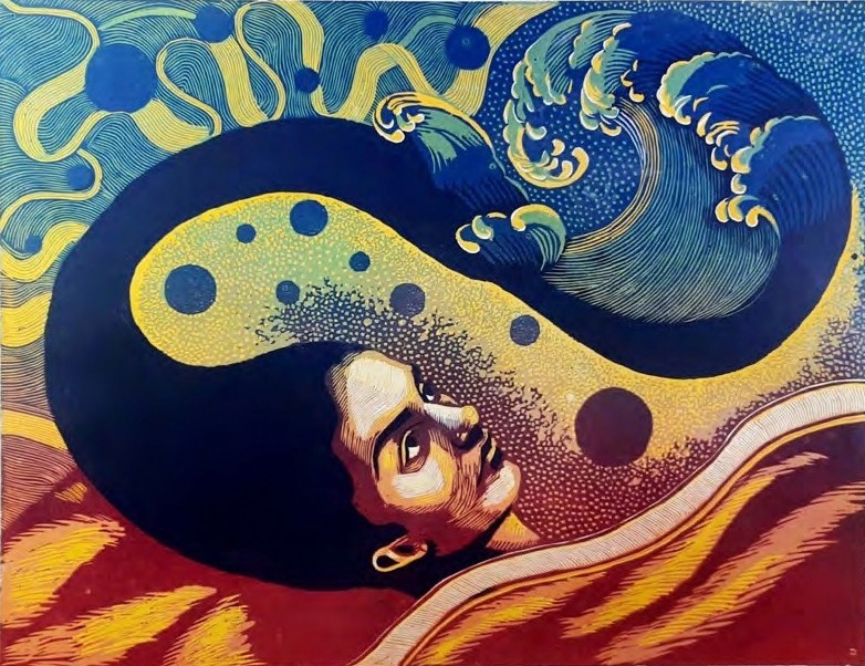 Stylized print of a person's head with hair flowing into a powerful, swirling blue ocean wave.