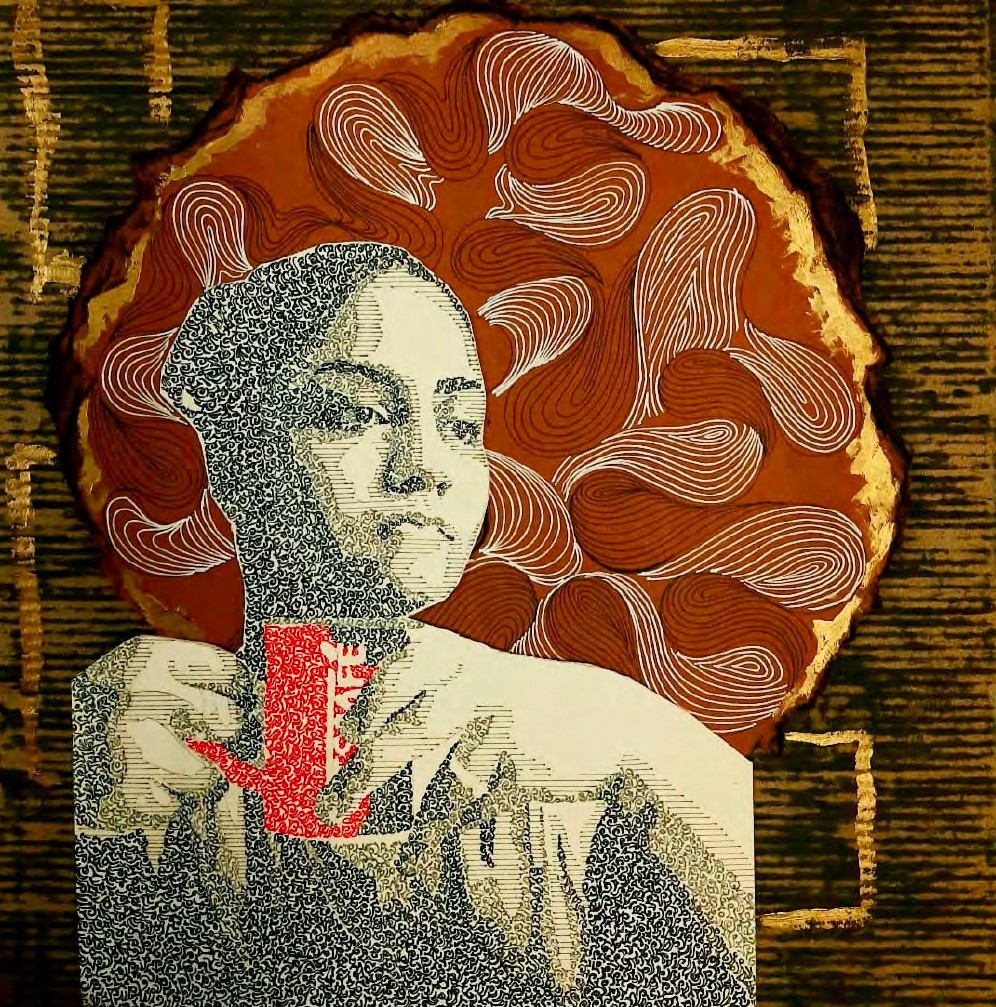 Collage and drawing of a woman with textured hair against a wood slice background and red coffee cup