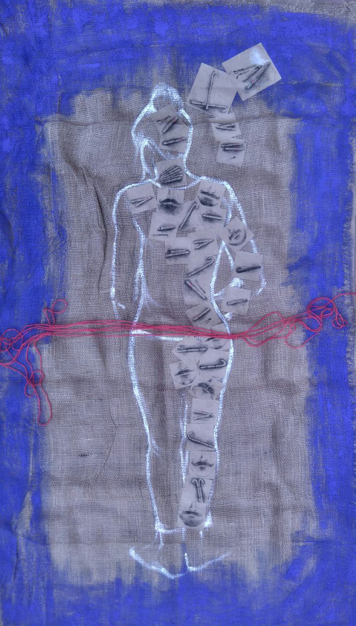 Mixed media work with a chalk outline of a figure filled with small photos on burlap and blue paint.